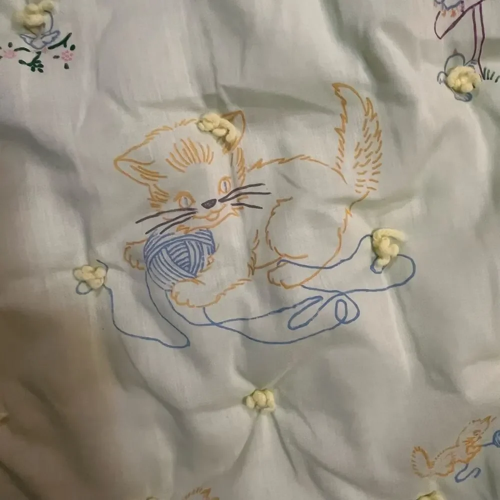 Vintage Green Baby Crib Quilt‎ 52x39 Hand Tied Animal Nursery Blanket Cats Ducks